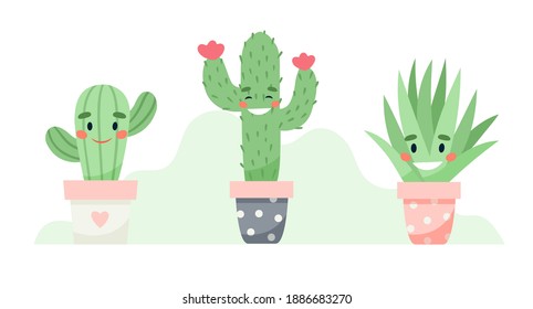 Set of cute cactus and succulents characters, vector illustration in flat style