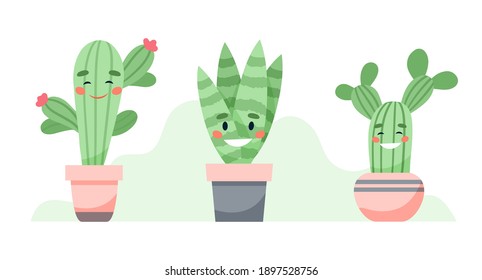 Conjunto de cactus bonitos y caracteres suculentos, ilustración vectorial en estilo plano