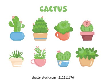Set of cute cactus and succulents vector illustration. Mexican exotic home plants in pots collection. Hand drawn illustrations in modern trendy flat cartoon style, isolated on white background
