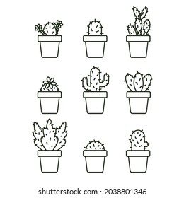 Set of cute cactus, vector illustration, succulent isolated collection of outline icons. 