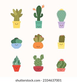 Conjunto de cactús bonitos. Ilustración plana de kawaii sonriendo suculentos en macetas de flores. Vector 10 EPS.