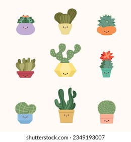 Set of cute cactuses. Flat illustration of kawaii smiling succulents in flower pots. Vector 10 EPS.