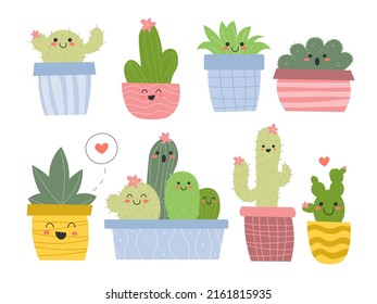 Set of cute cactuses, potted plants with funny faces. Collection of colourful cacti, house plants in kawaii style. Vector illustration isolated on white background EPS