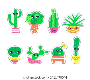 Set of cute cactuses stickers in kawaii style with smiling face. Vector illustration set.