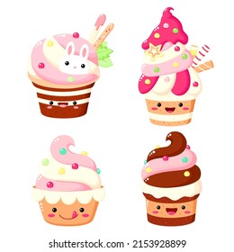 Juego de tartas lindas, muffin, quequito al estilo kawaii con cara sonriente y mejillas rosadas para un diseño dulce.  Ilustración del vector EPS8  