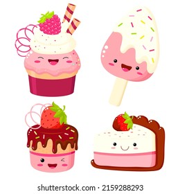 Set of cute cake, muffin, cupcake, popsicle, cheesecake. Collection of kawaii sweet dessert characters with smiling face and pink cheeks for sweet design. Vector illustration EPS8