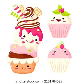 Set of cute cake, muffin, cupcake. Collection of kawaii sweet dessert characters with smiling face and pink cheeks for sweet design. Vector illustration EPS8