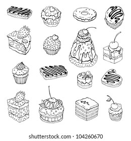 Set of cute cake. Outline Vector illustration