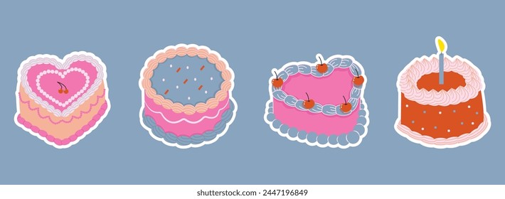 Set of cute cake stickers in retro style. The illustration is hand drawn. Concept birthday, party, wedding.