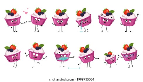 Set of cute cake or yogurt characters with emotions, face, hands and legs. Smile or sad sweet food with eyes, heroes in love keep their distance, dance or cry. Vector flat illustration