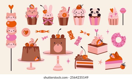 Set with cute cakes, cupcakes and sweets with kawaii animals and berries. Delicious desserts with chocolate and decor. Trendy modern vector illustration isolated on background, hand drawn, flat