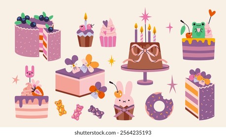 Set with cute cakes, cupcakes and sweets with decor and Birthdays celebration burning candles. Trendy modern vector illustration isolated on background, hand drawn, flat design