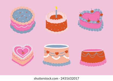 Set of cute cakes in retro style. The illustration is hand drawn. Concept of birthday, party, wedding.