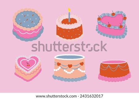 Set of cute cakes in retro style. The illustration is hand drawn. Concept of birthday, party, wedding.