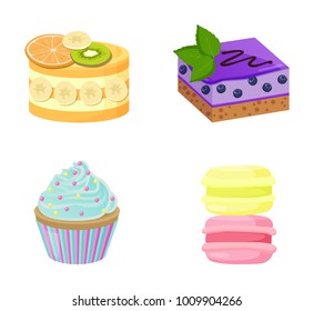 Set of cute cakes with strawberry blueberries and banana with orange and kiwi on them, two fancy desserts, vector illustration isolated on white