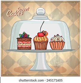 Set of cute cakes under glass dome, retro style