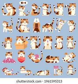 Set of Cute Calico Cat Character in Various Gestures Icon