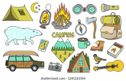 Set of cute camping elements. Equipment in forest. Stickers, doodle pins, patches. Mountain, fire, map, compass, bear, tent, car, backpack, guitar.