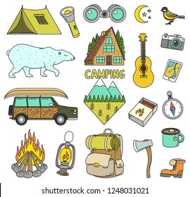 Set of cute camping elements. Equipment in forest. Stickers, doodle pins, patches. Mountain Campfire Map Compass Bear Tent Car Backpack Guitar. travel symbols.