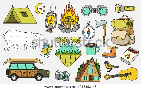 Set of cute camping elements. Equipment in\
forest. Stickers, doodle pins, patches. Tent, car, backpack,\
guitar, mountain, fire, map, compass,\
bear.