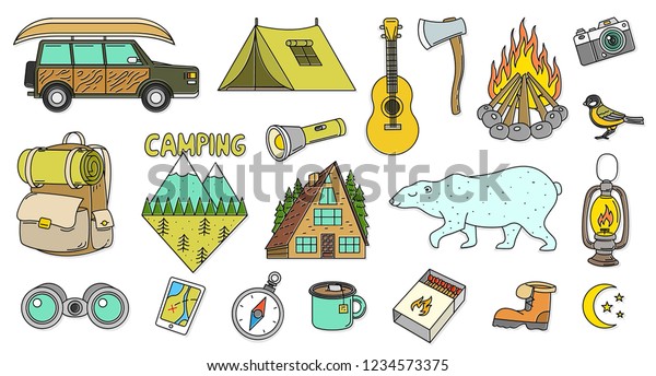 Set of cute camping elements.\
Equipment in forest. Stickers, doodle pins, patches. Mountain\
Campfire Map Compass Bear Tent Car Backpack Guitar. travel\
symbols.
