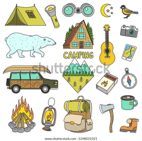 Set of cute camping elements.\
Equipment in forest. Stickers, doodle pins, patches. Mountain\
Campfire Map Compass Bear Tent Car Backpack Guitar. travel\
symbols.