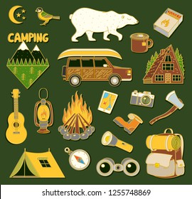 Set of cute camping elements. Stickers, doodle pins, patches. Equipment in forest. Mountain, fire, map, compass, bear, tent, car, backpack, guitar.