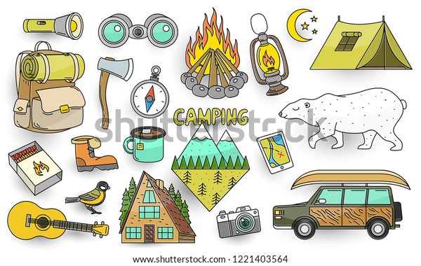 Set of cute camping elements. Stickers, doodle\
pins, patches. Equipment in forest. Mountain, fire, map, compass,\
bear, tent, car, backpack,\
guitar.