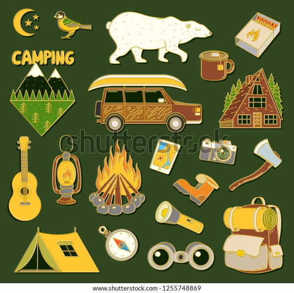 Set of cute camping elements. Stickers, doodle\
pins, patches. Equipment in forest. Mountain, fire, map, compass,\
bear, tent, car, backpack,\
guitar.