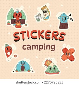 Set of cute camping stickers in retro style