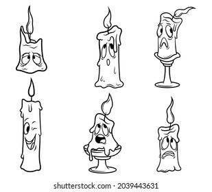 Conjunto de luz de velas adorables con emociones. Colección de caricaturas de divertida vela de cera con una mecha en llamas. Personajes fantásticos. Parafina de ilustración vectorial de la vela sobre fondo blanco.