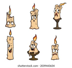 Conjunto de luz de velas adorables con emociones. Colección de caricaturas de divertida vela de cera con una mecha en llamas. Personajes fantásticos. Parafina de ilustración vectorial de la vela sobre fondo blanco.