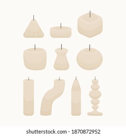 Set of cute candles of different shapes with no flame. Isolated objects in the white background. Flat style illustration.