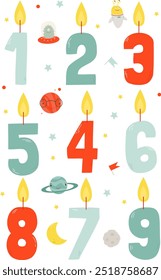 a set of cute candles in the form of numbers and space elements for a birthday party