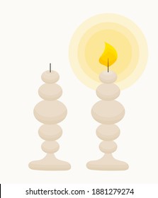 Set of cute candles with and without flame. Isolated objects in the white background. Flat style illustration.
