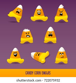 Set of Cute Candy Corn emojis. Halloween design elements for greeting cards, posters, banners. Vector illustration.