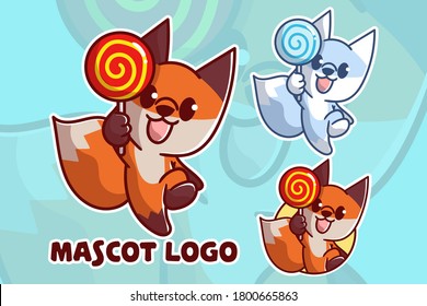 set of cute candy fox mascot logo with optional apprearance. premium kawaii vector