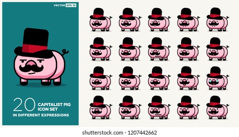 Set of Cute Capitalist Pig with Moustache and Hat Emoji Line Icons In Different Expressions