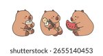 Set of Cute Capybara with Boba Tea, Flowers, Watermelon Illustration, kawaii animal vector.