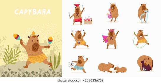 A set of cute capybara, capibara, capy, collection, different activities, musical instruments, hand drawn vector illustration.