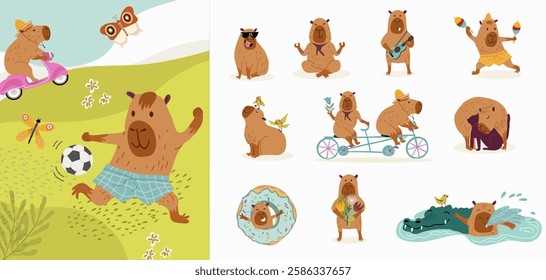 A set of cute capybara, capibara, capy, collection, different activities, musical instruments, hand drawn vector illustration.