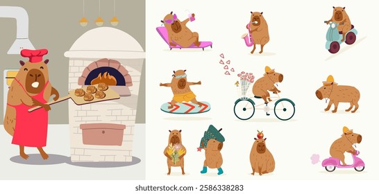 A set of cute capybara, capibara, capy, collection, different activities, musical instruments, hand drawn vector illustration.