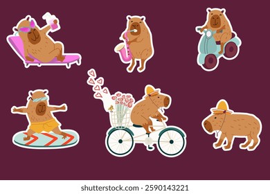 A set of cute capybara, capibara, capy, collection, different activities, musical instruments, hand drawn vector illustration.