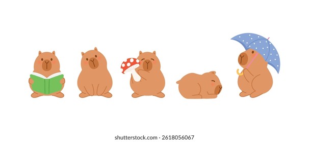 set of cute capybara character reading book,  tilted head, holding mushroom, sleeping and holding g umbrella illustration vector