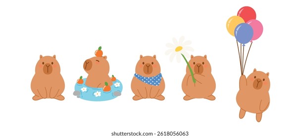 conjunto de bonitinho personagem capivara sentar, imersão em primavera quente, início com laranja, vestindo cachecol, segurando flor gigante, voando com colorido balão ilustração vetor