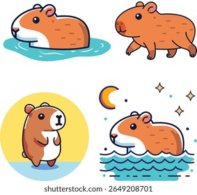 Set of cute capybara characters vector illustrations