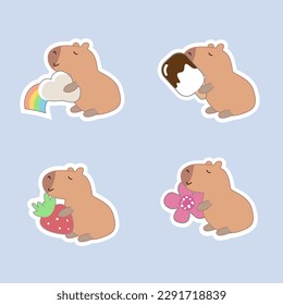 Set of cute capybara hold various object stand on white background.Friendly animal character cartoon design.Flower, strawbery, ice cream, rainbow, hand drawn. Kawaii.