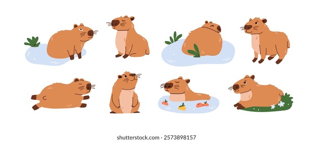 Set of cute capybara isolated on white background. Baby animal capibara character. Funny happy mammal in water nature. Vector flat illustration