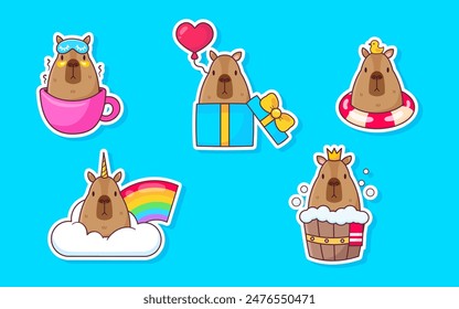 Conjunto de pegatinas de capibara lindo. Vector ilustración de dibujos animados.