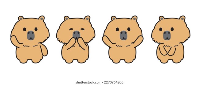 Set of cute capybara in various poses cartoon on white background.Friendly animal zoo.Character design.Kawaii.Vector.Illustration.